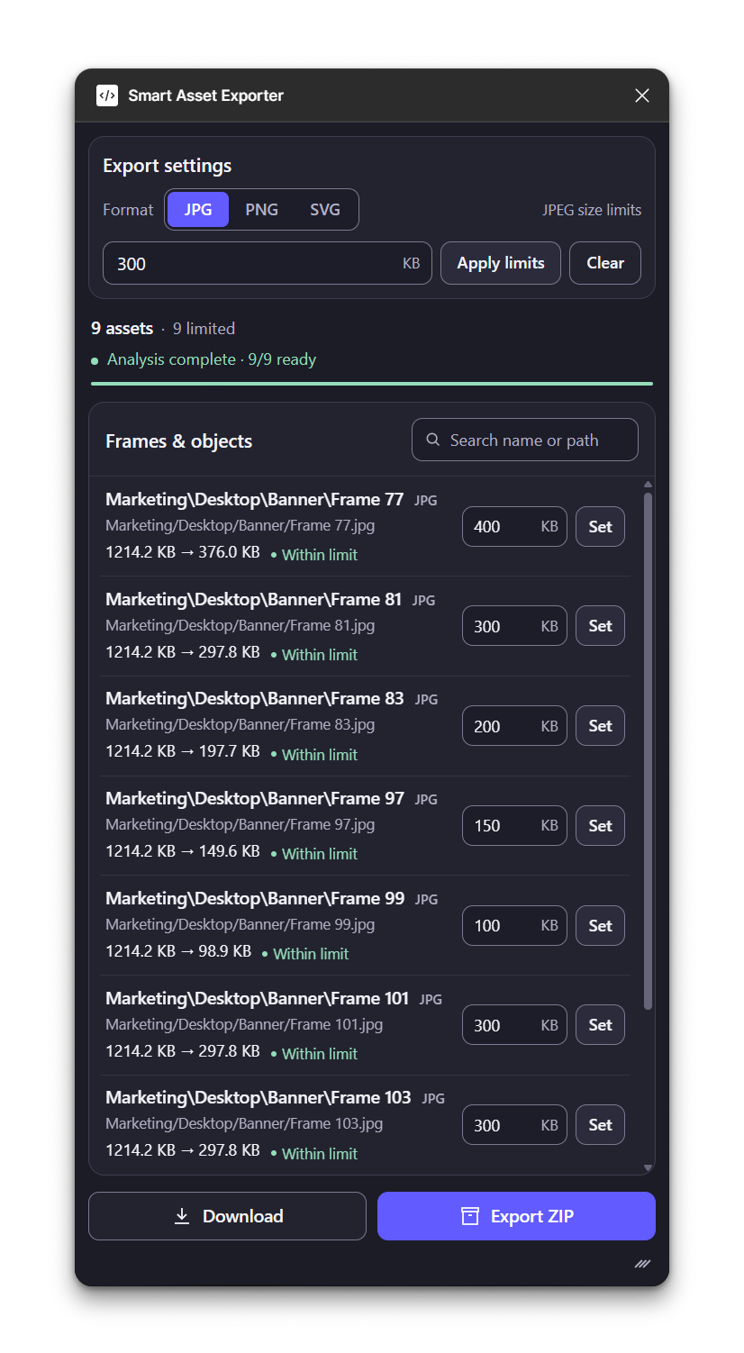 Panel Smart Asset Exporter w Figma z wyborem formatów JPG, PNG i SVG, limitem JPEG, listą assetów oraz kontrolkami Download i Export ZIP.